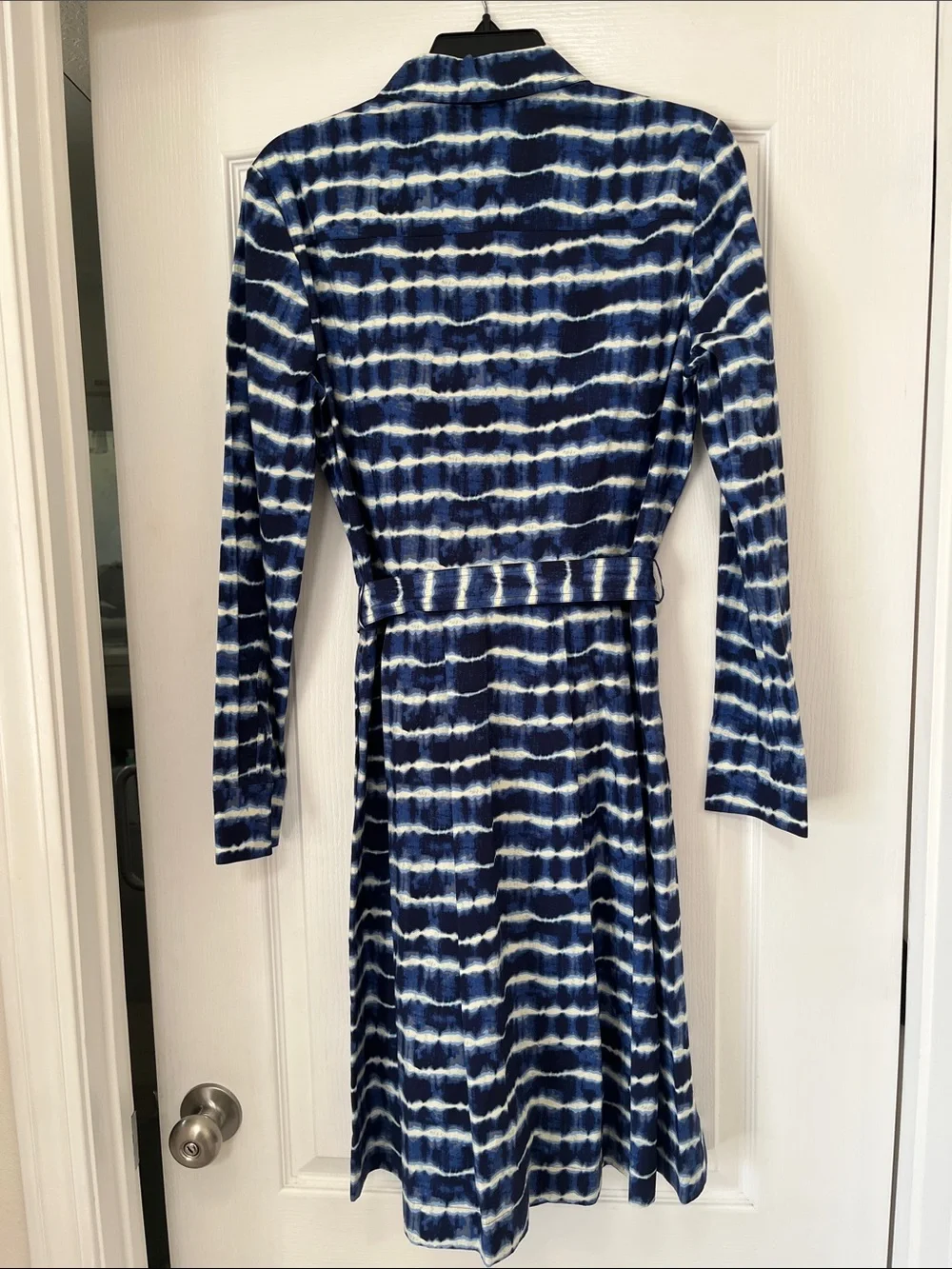 Tory Burch Navy and White Tie-Dye Shirt Dress with Belt, 10